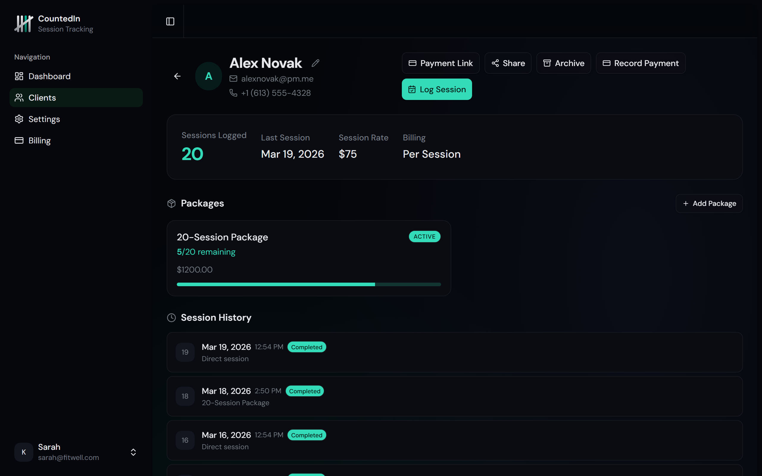 Per-session client profile showing session count, rate, and Record Payment button