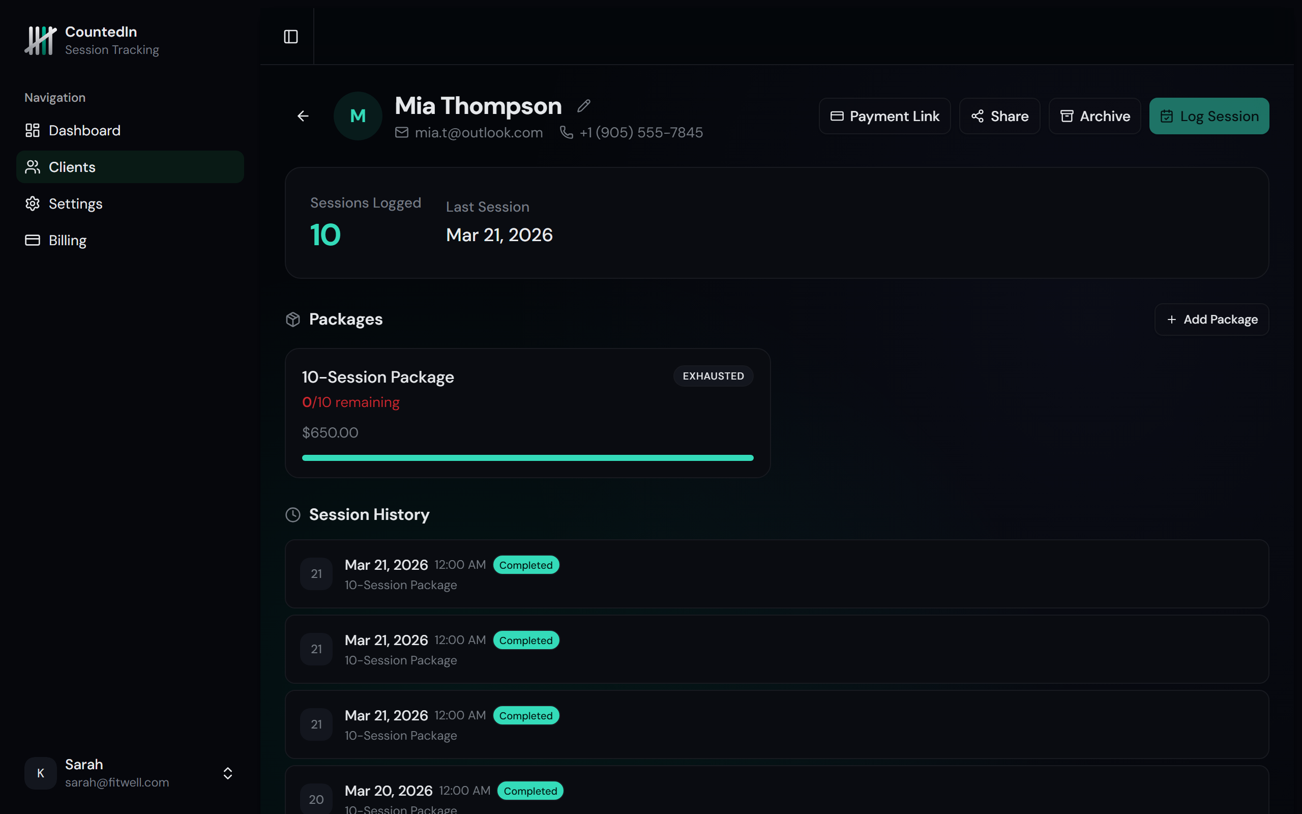 Package client detail page showing credit overview, packages, and session history
