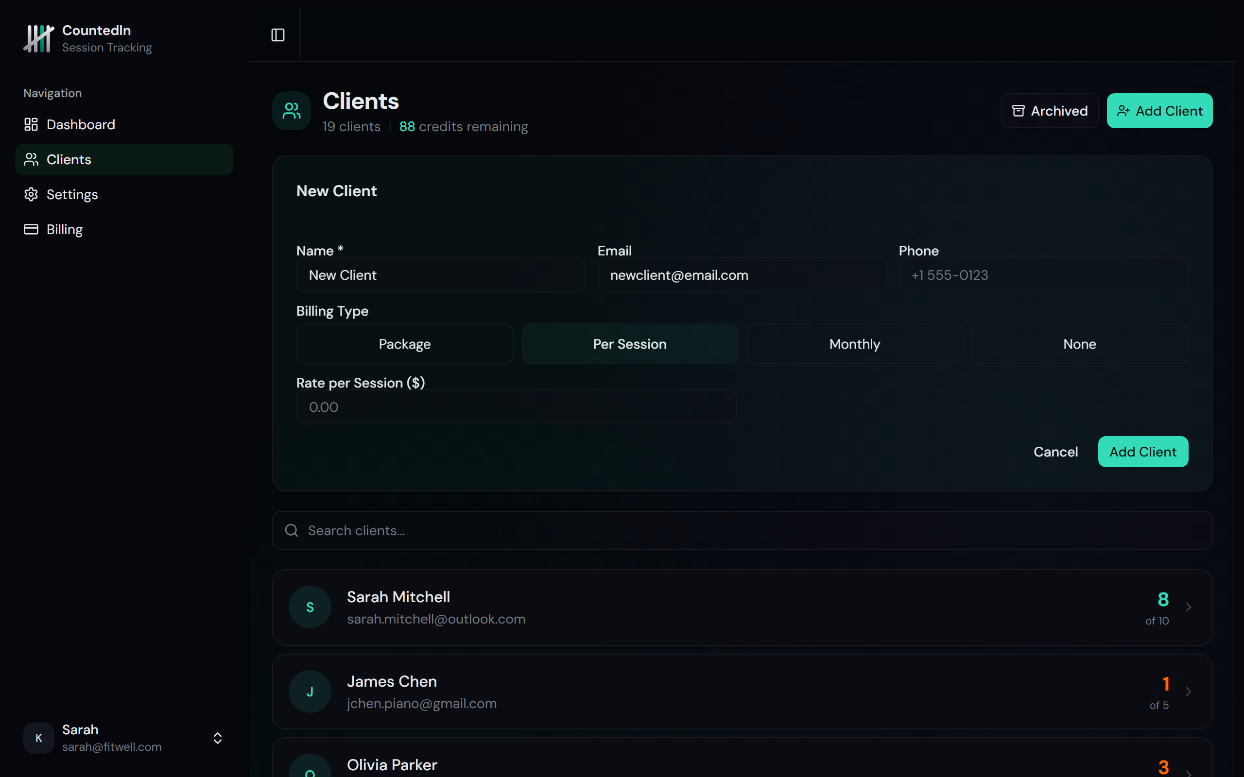 Client form showing billing type selector with Package, Per Session, Monthly, and None options