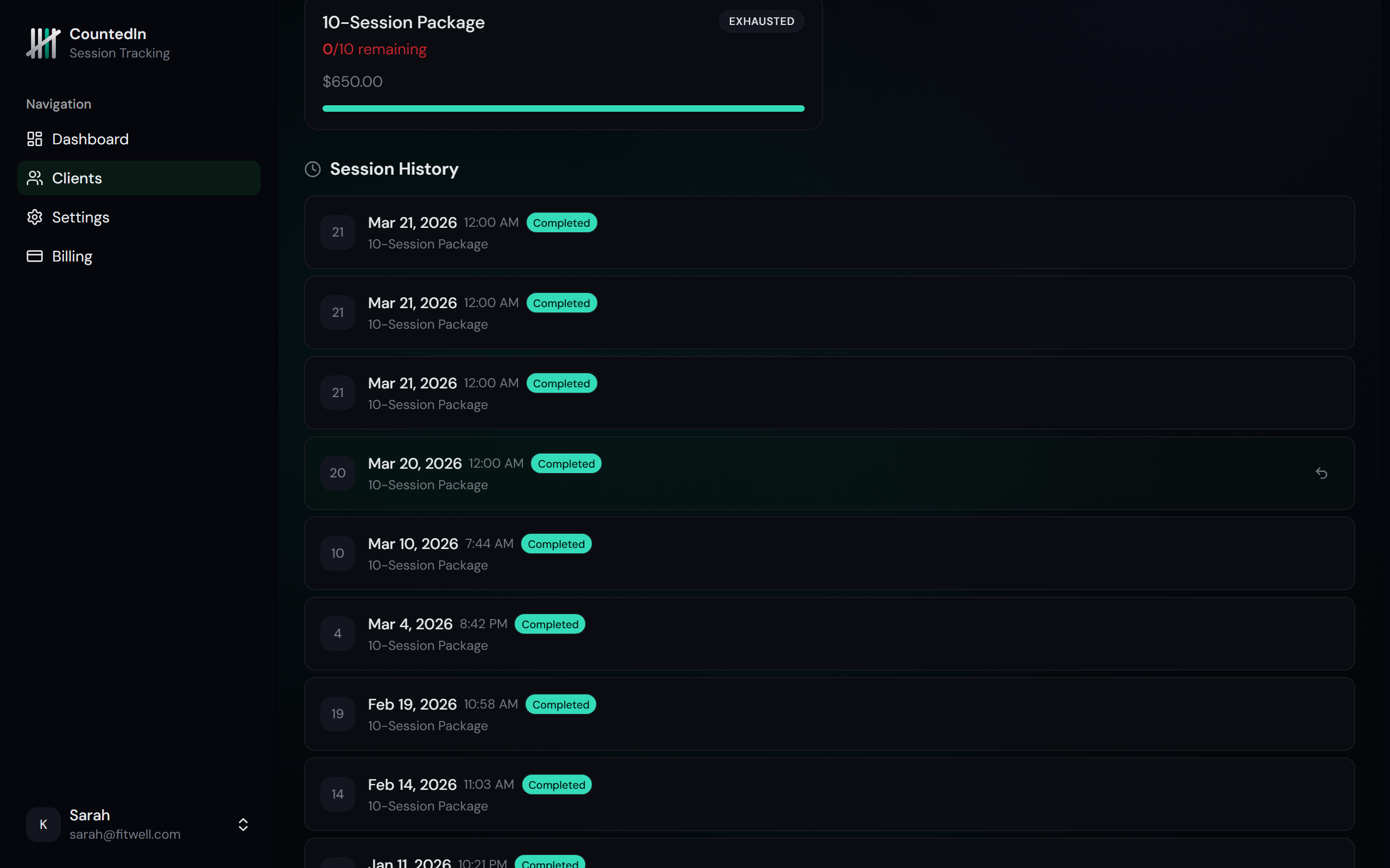 Client profile showing active packages with credit progress bars