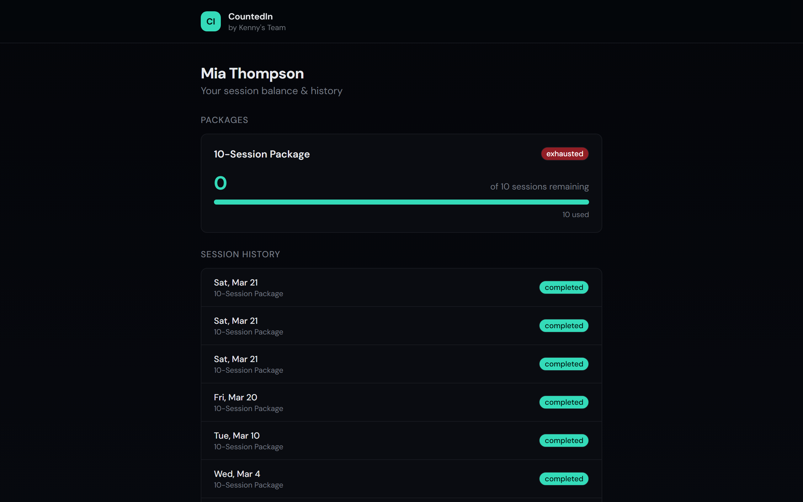 Client portal showing remaining credits, package details, and session history