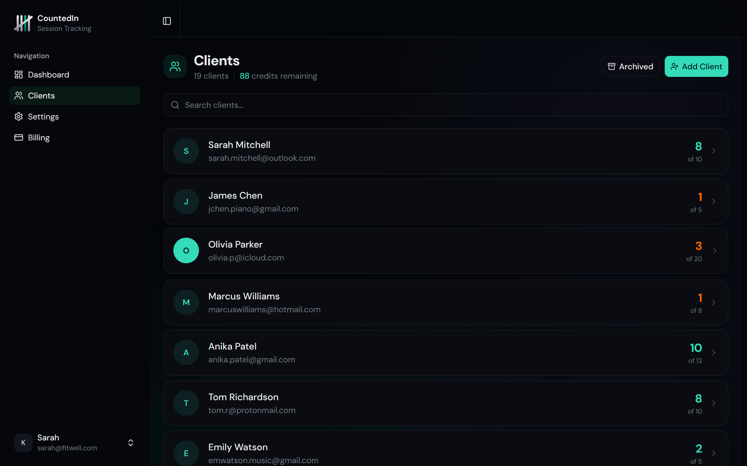 Client list page with search bar, billing types, and credit summaries