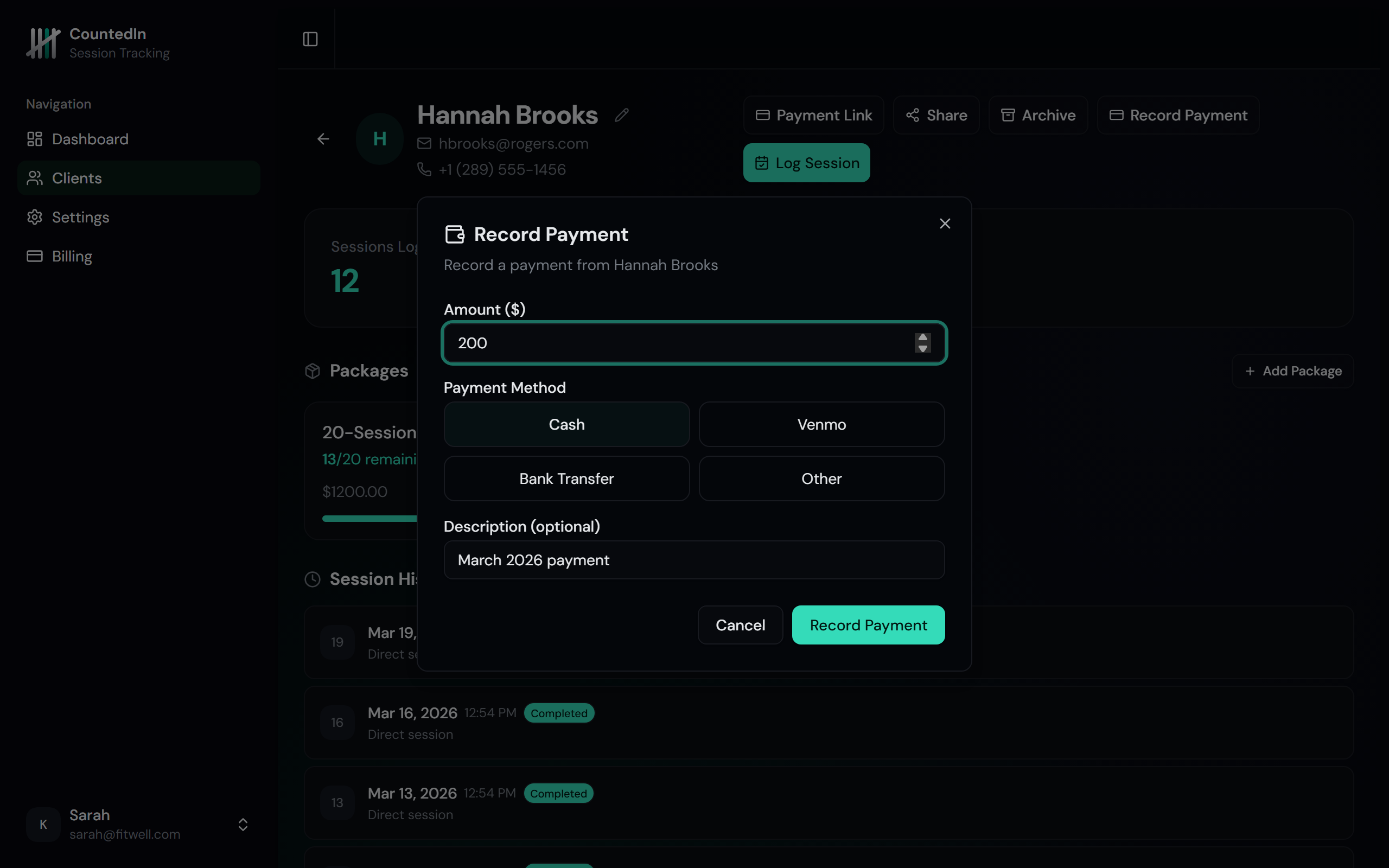 Record payment dialog with amount, method selector, and description