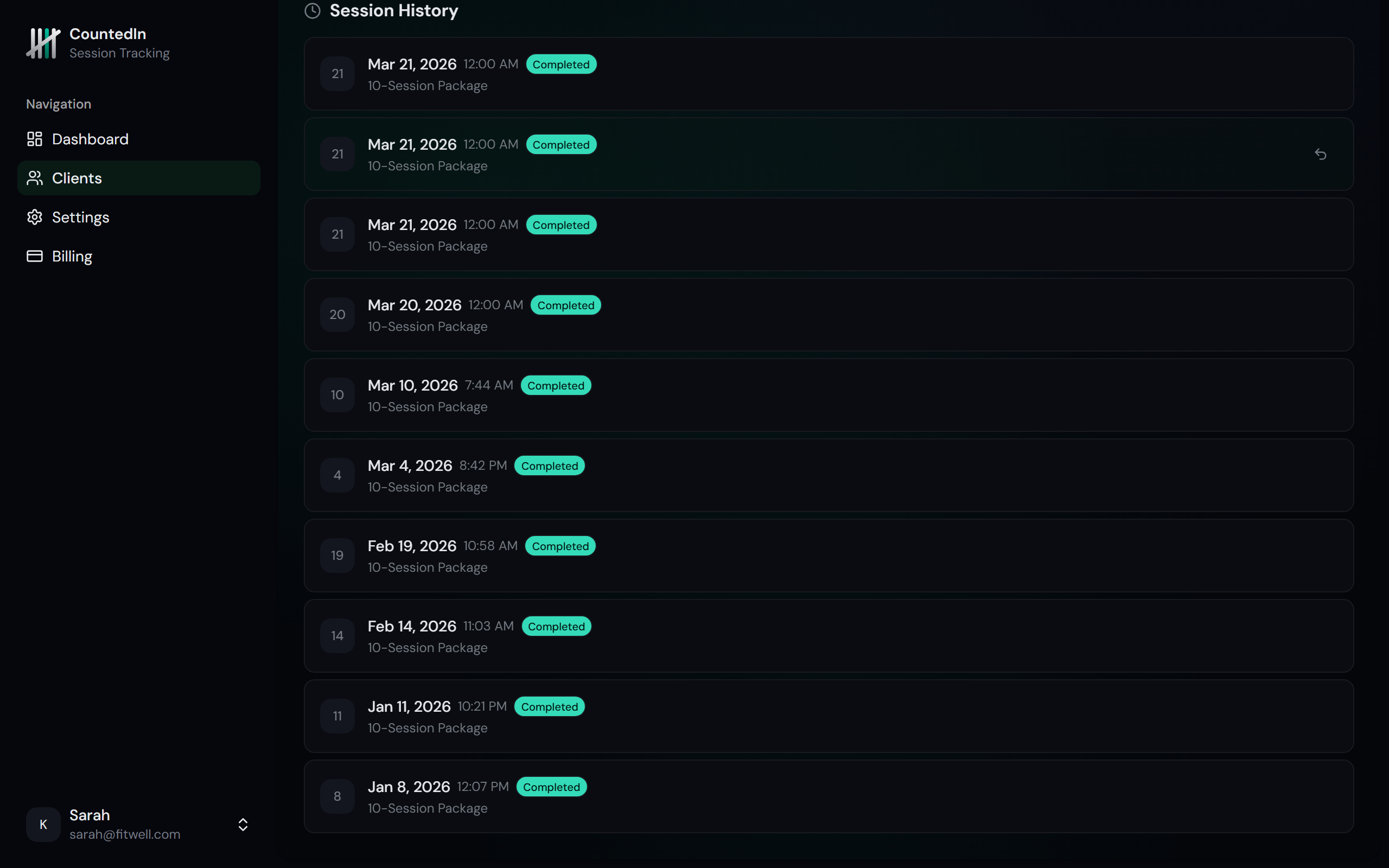 Session history showing logged sessions with dates, statuses, and undo buttons