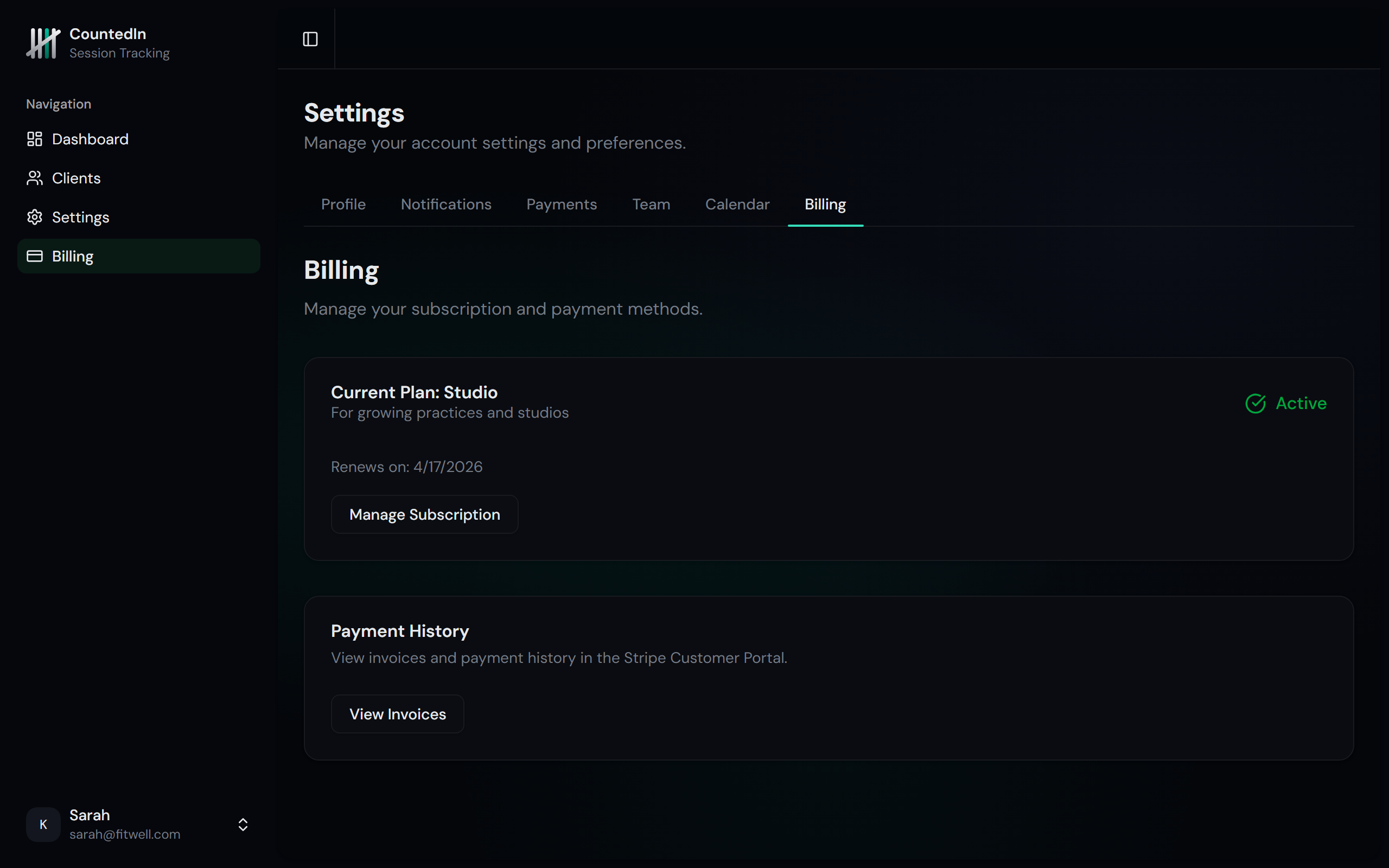 Billing settings showing current plan and upgrade options