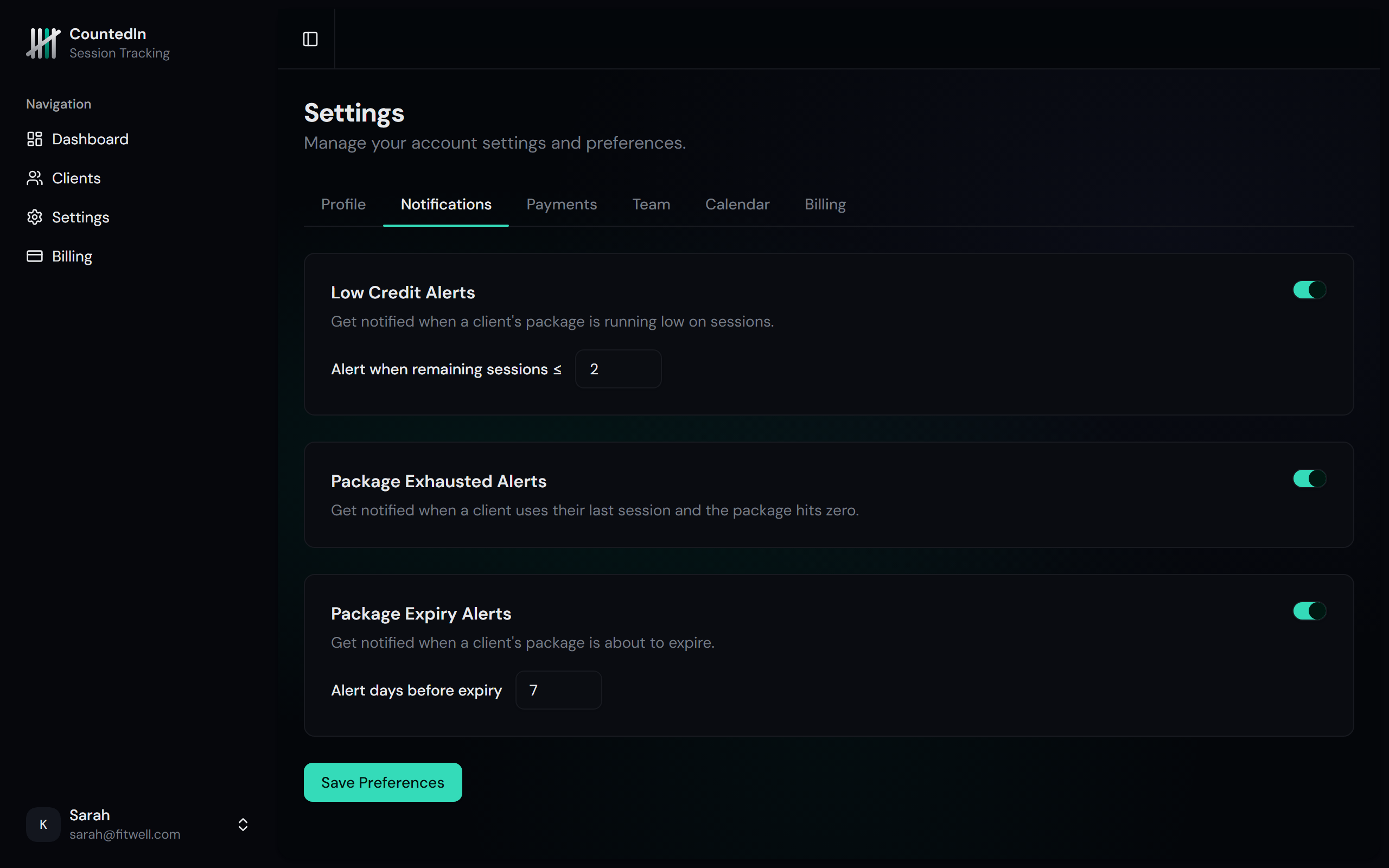 Notification preferences page with toggle switches for each alert type