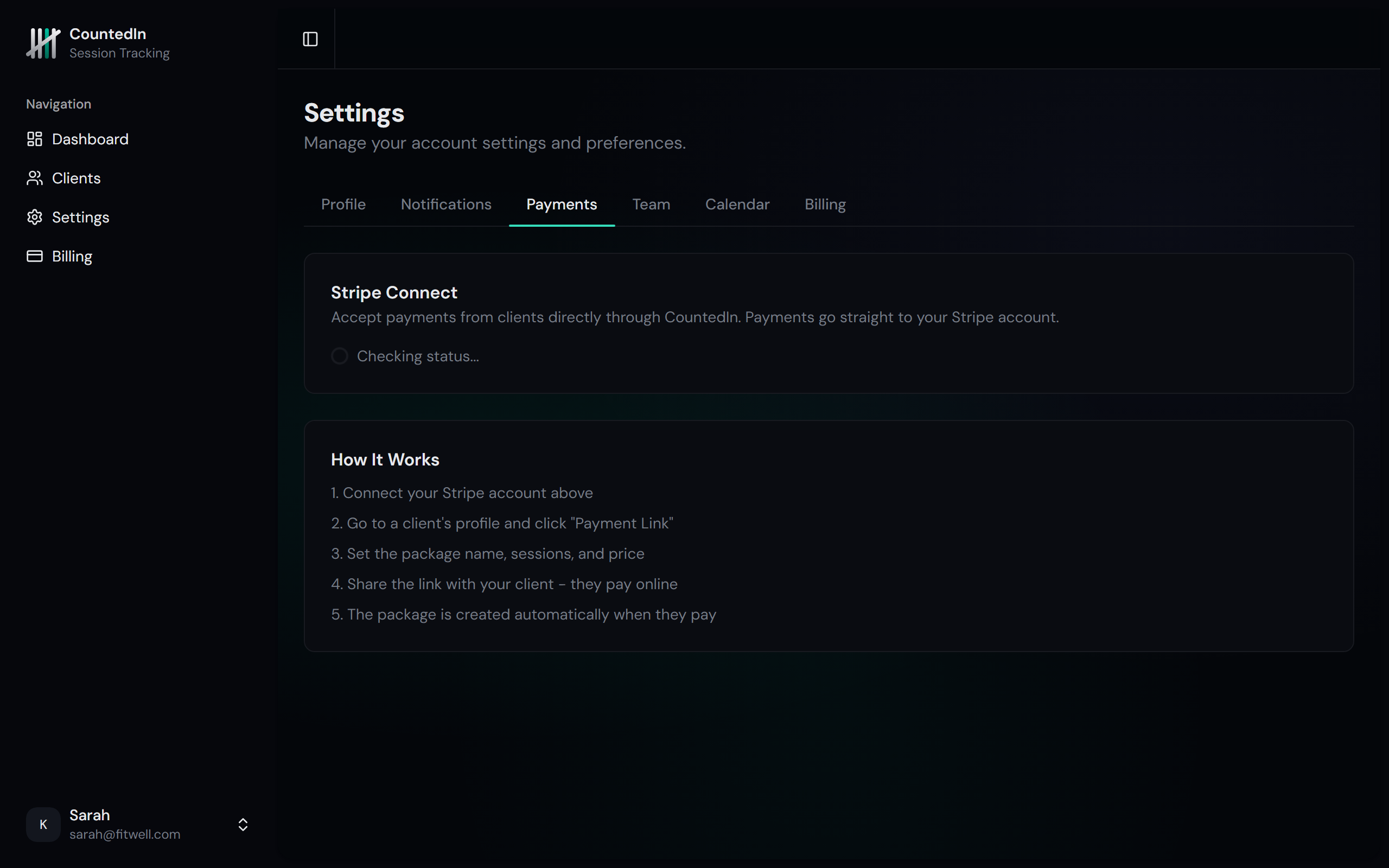 Stripe Connect setup page with onboarding button