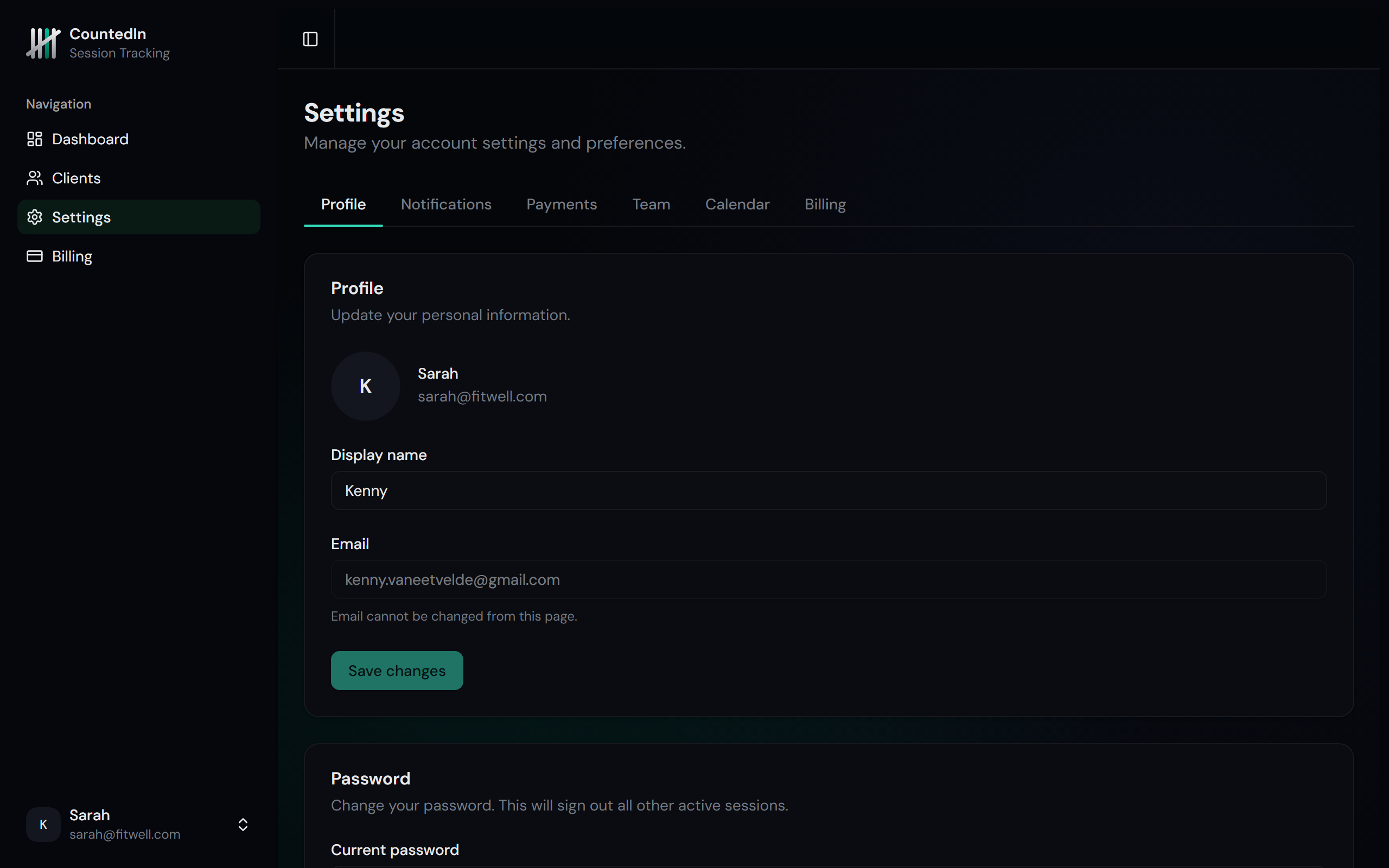 Profile settings page showing name, email, and password change forms