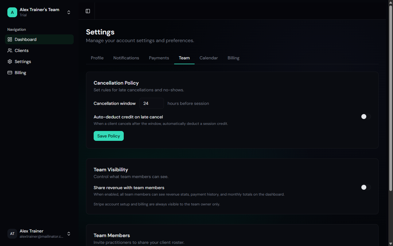 Team settings page showing cancellation policy, visibility settings, and member list with invite form