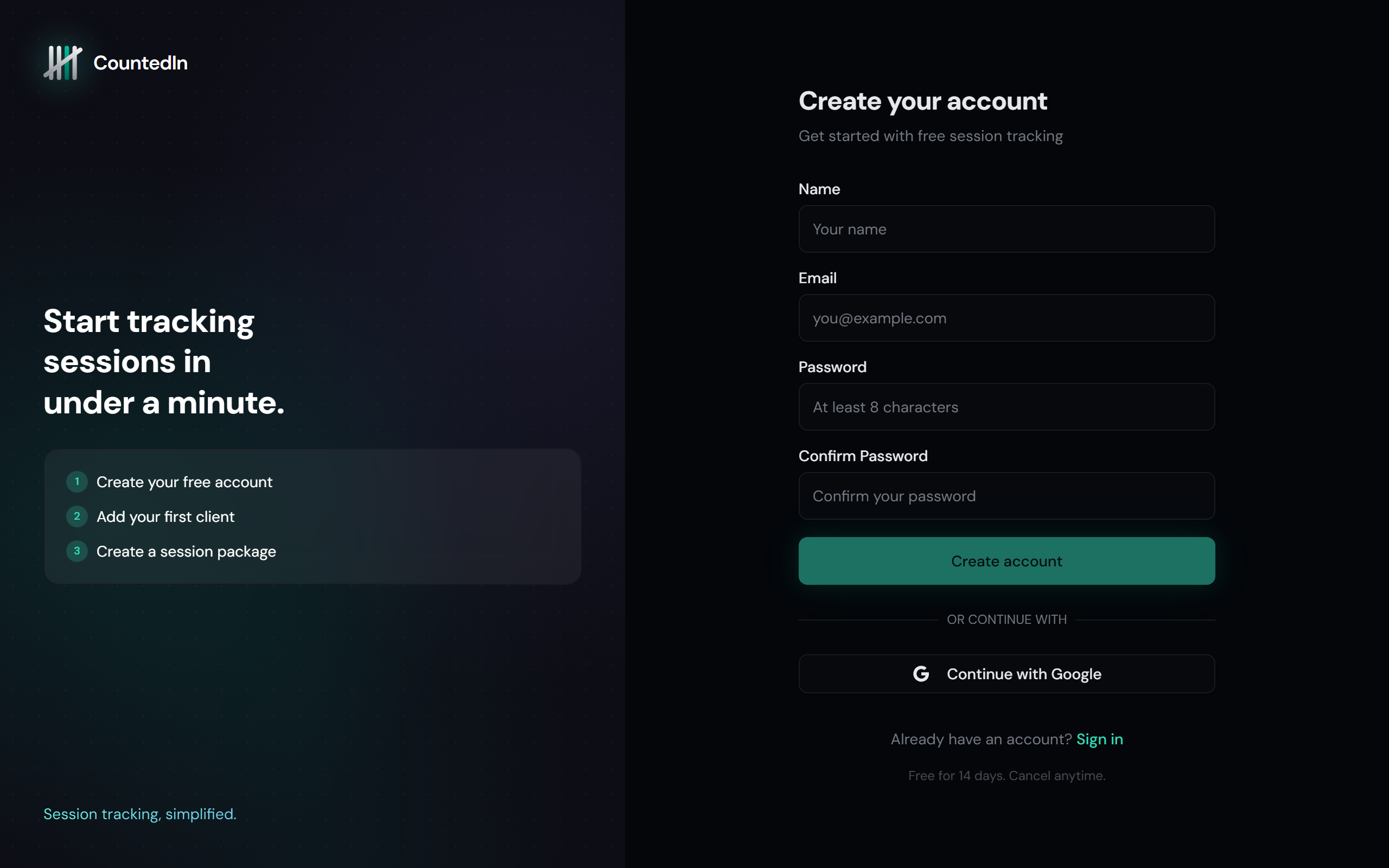 CountedIn signup page with email and Google sign-in options
