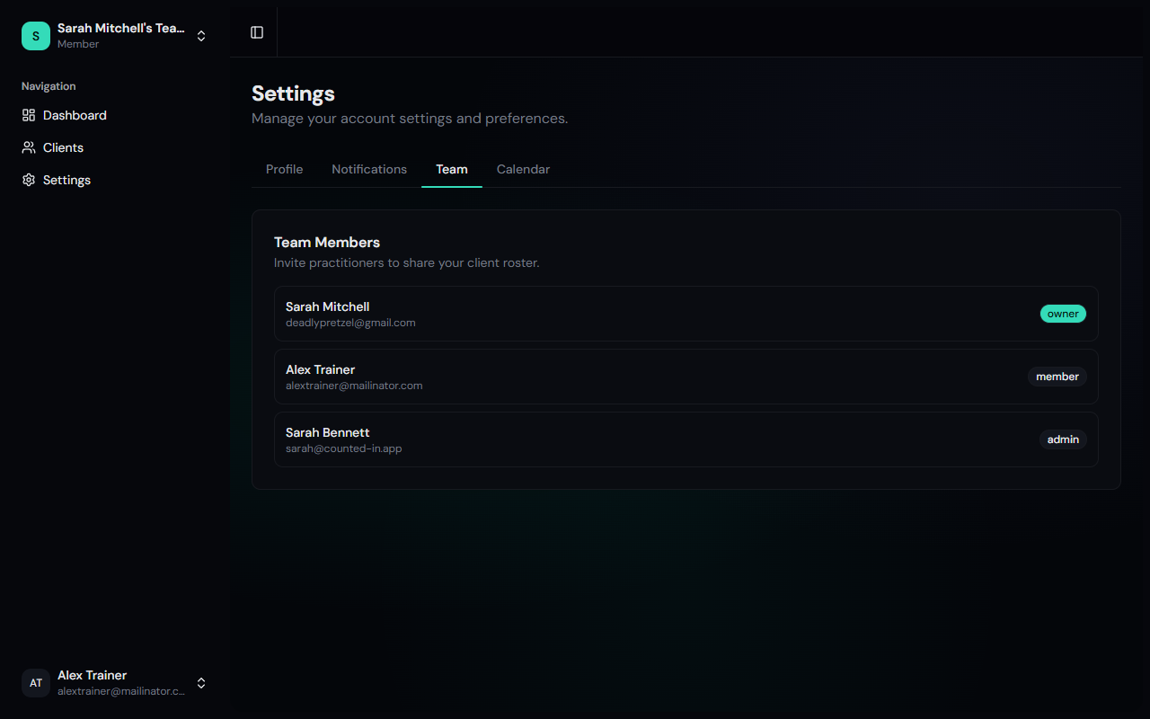 Team settings as seen by a member: read-only member list with no invite form or admin controls