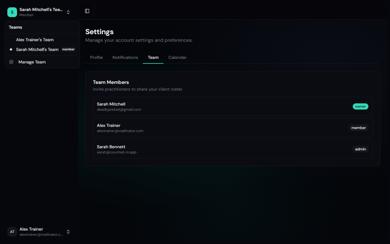 Team switcher dropdown showing two teams with role badges