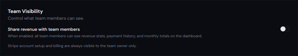 Team Visibility settings with Share revenue toggle